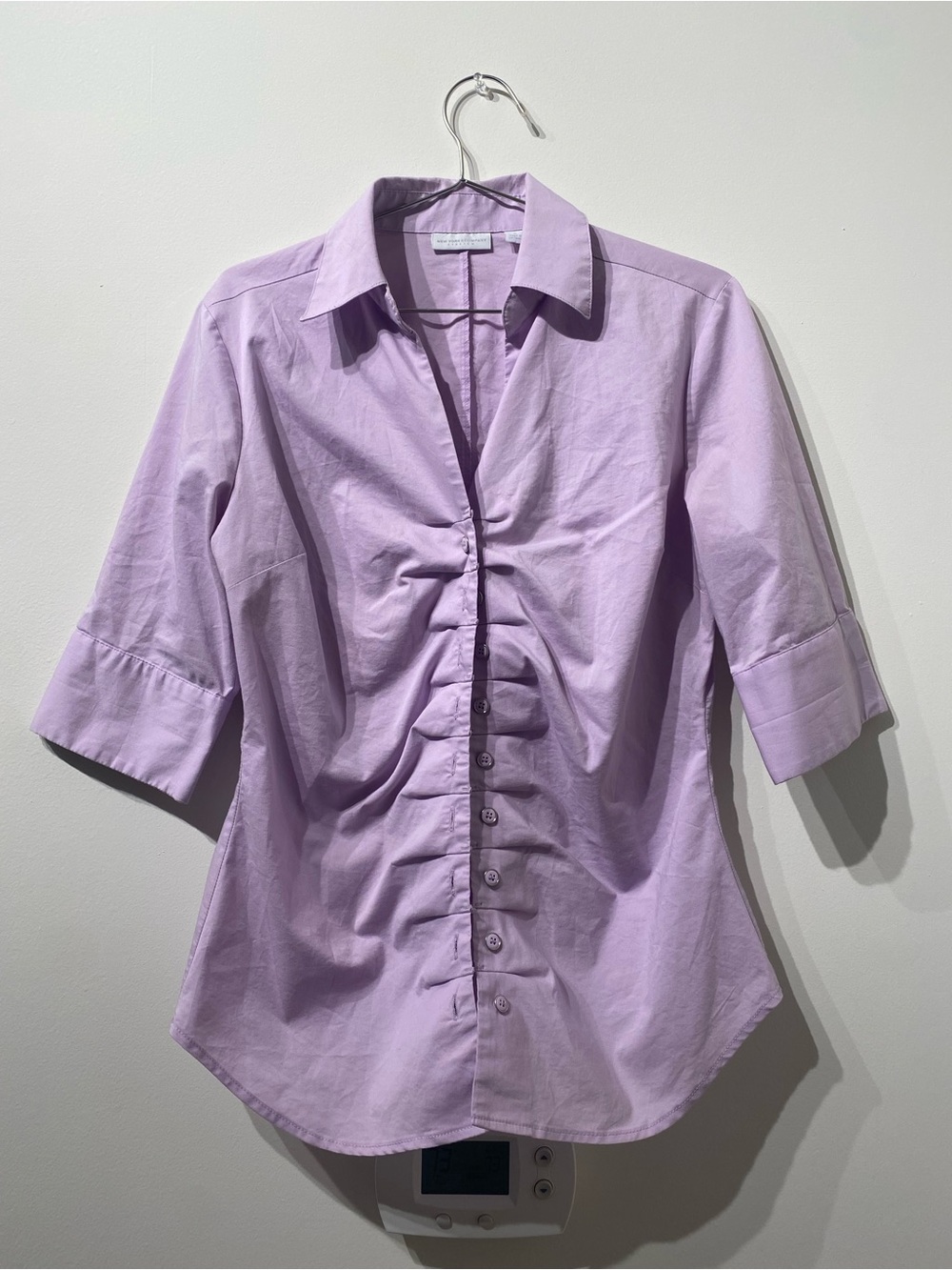 New York & Company Lavender Ruched Button-Front Shirt